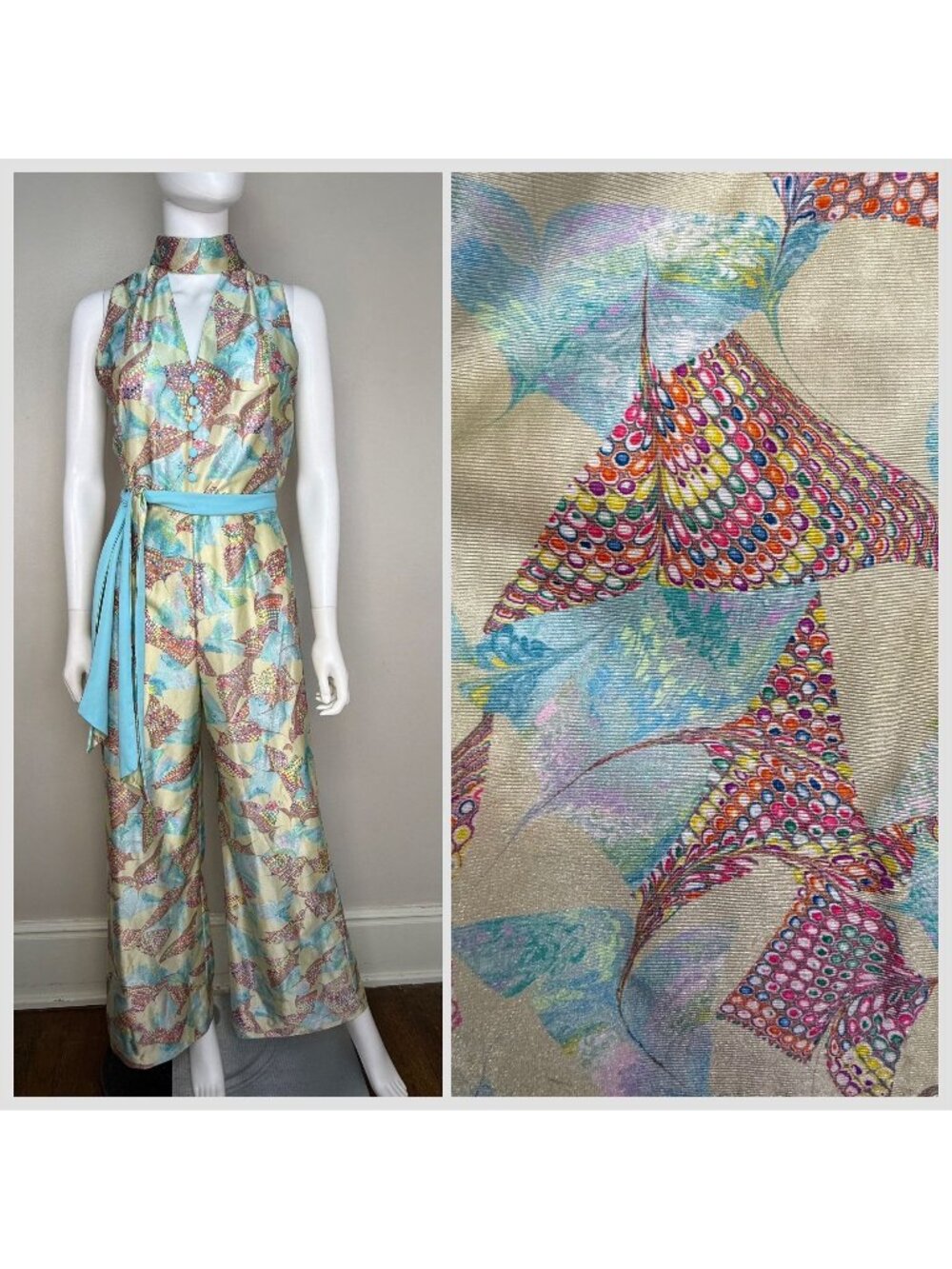 Vintage 1970s Psychedelic Print Bell-Bottom Jumpsuit Mel Warshaw Miss Jane Miami